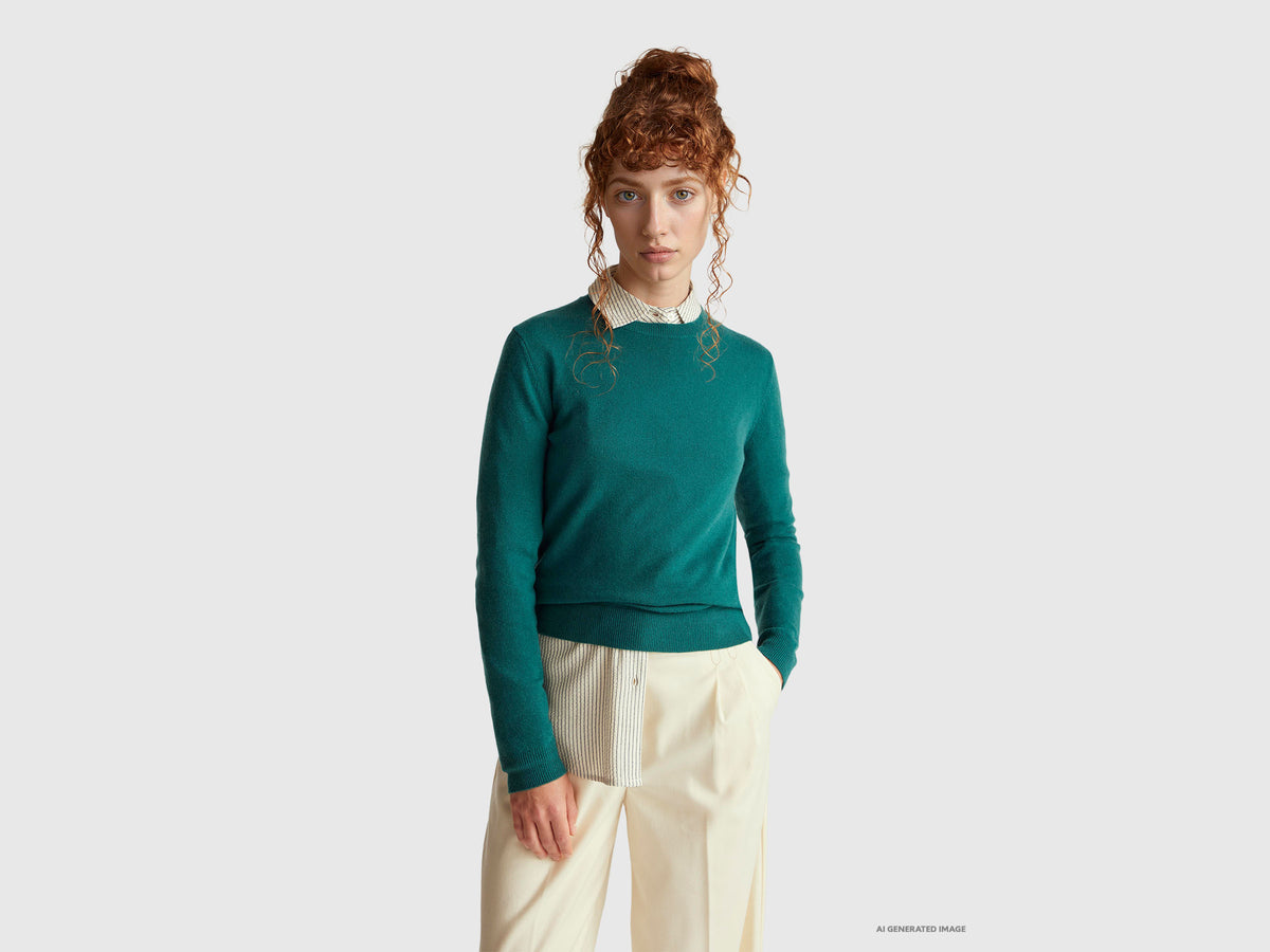 Camisola de gola redonda verde em lã Merino - ucb_image_F