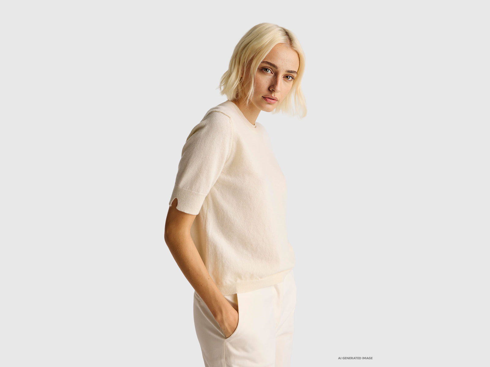 Camisola de manga curta cor nata em pura lã Merino - ucb_image_F