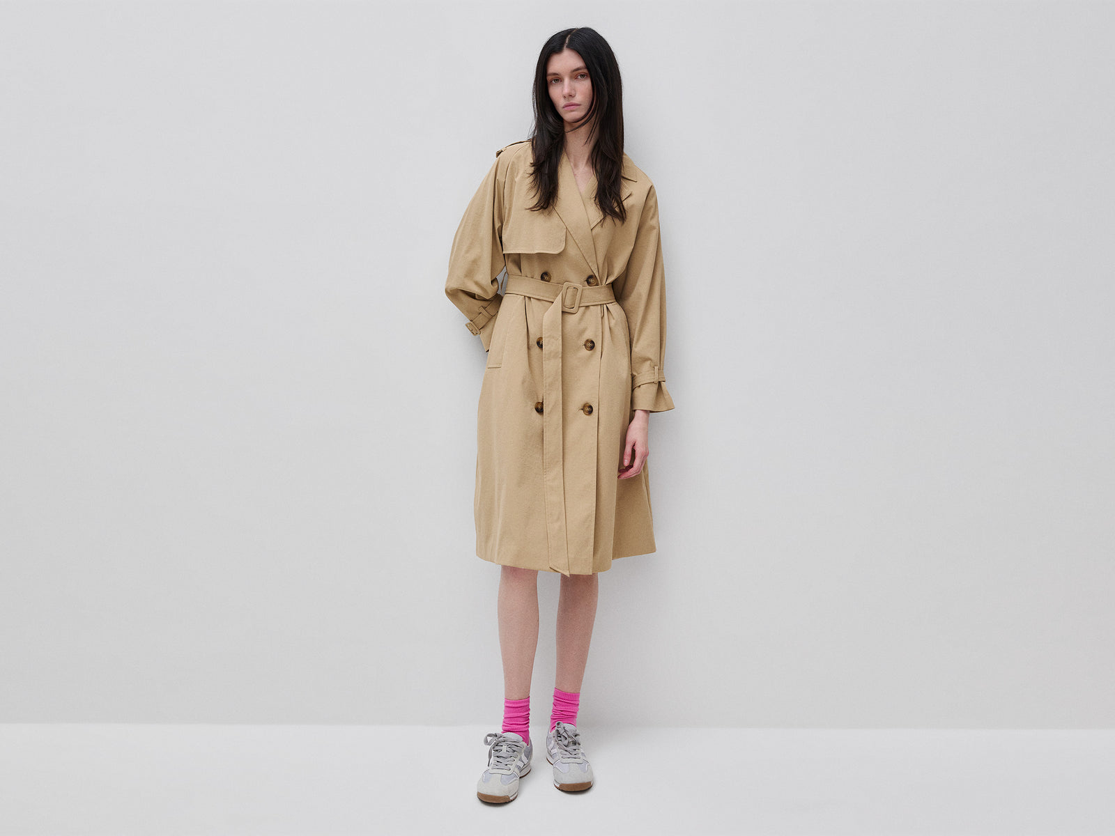 Double-breasted trench coat with belt