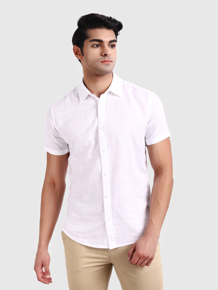 Linen Shirt with Regular Collar and Short Sleeves