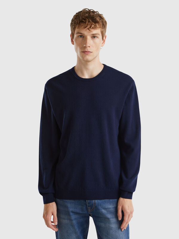 Dark blue crew neck sweater in pure Merino wool Men