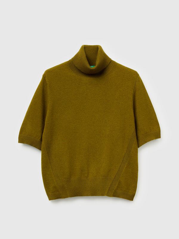 Pull col roulé à manches courtes vert militaire en mélange de cachemire Femme