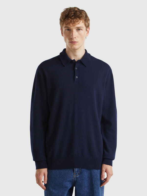 Midnight blue polo in pure Merino wool Men