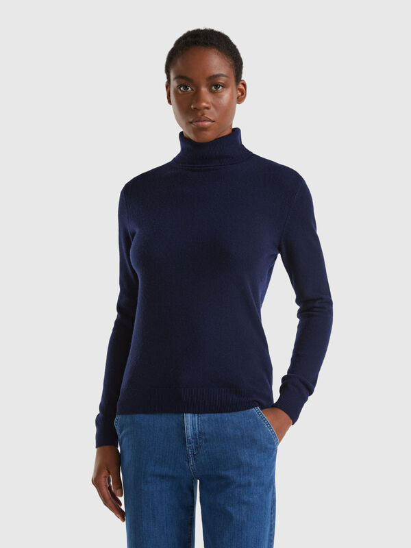 Dark blue turtleneck sweater in pure Merino wool Women