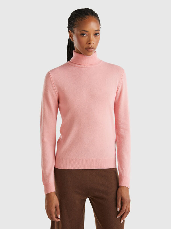 Pull col montant rose en pure laine mérinos Femme