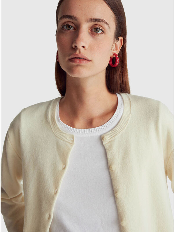 Cardigan col rond cr&egrave;me en pure laine m&eacute;rinos Femme