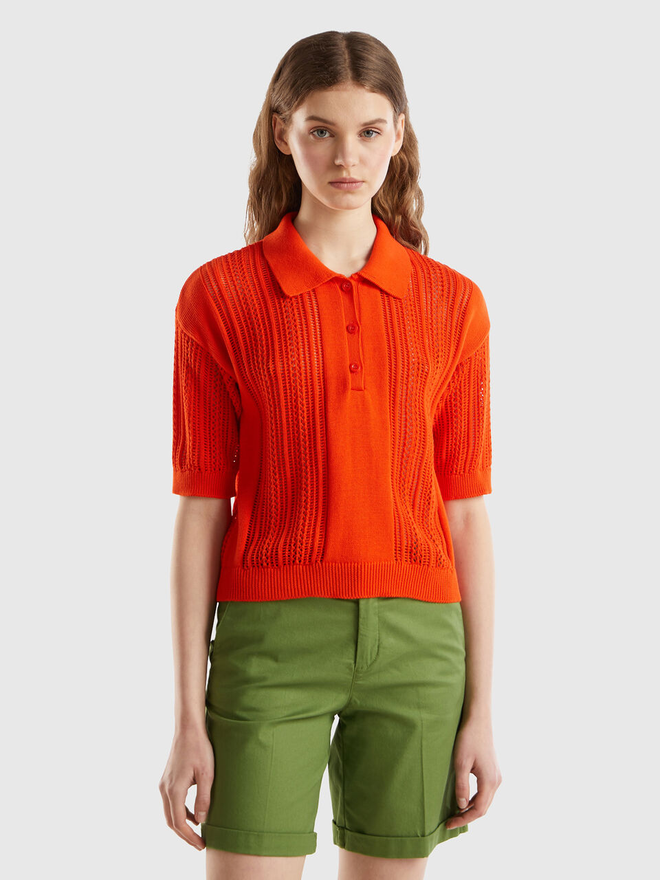 Crochet knit polo shirt - Red Coral | Benetton
