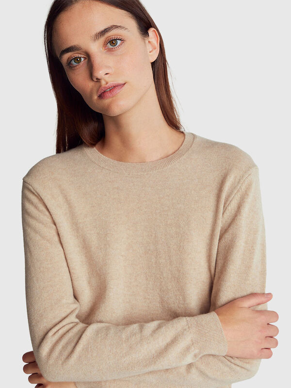 Pull col rond beige en pure laine mérinos Femme