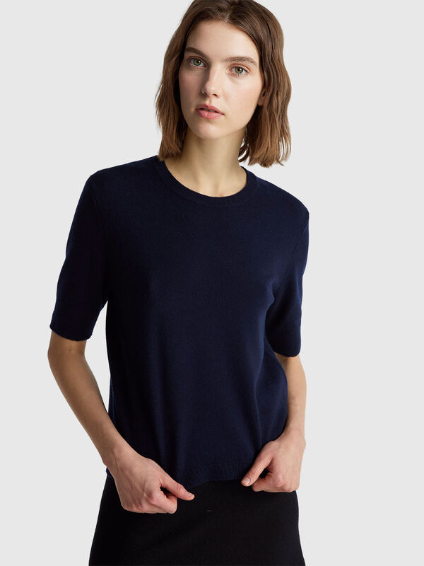 Dark blue short sleeve sweater in pure Merino wool Women