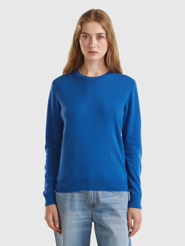 Pull col rond bleu avio en pure laine mérinos Femme